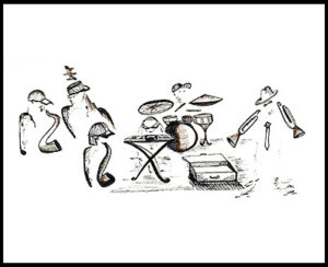 Illustration of abstract figures playing instruments.