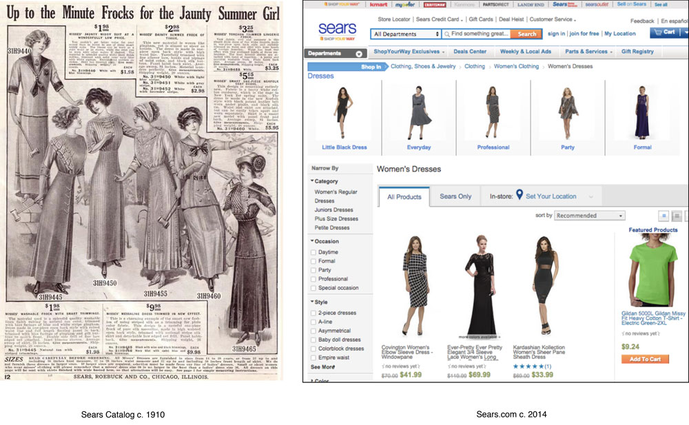 Vintage Sears advertisement from 1910 and a screen grab of the Sears website.