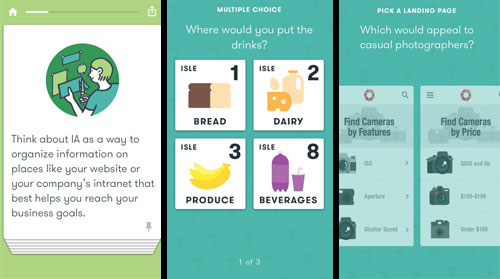 Three screen grabs from an app. The first is text about organizing information. The second is a multiple choice question with the options bread, dairy, produce, and beverages. The third is two options for a website landing page.