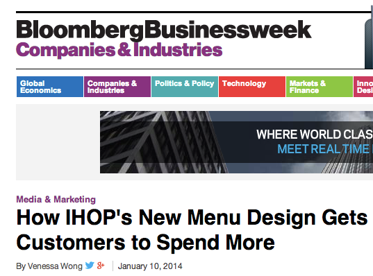 Image of Bloomberg Businessweek website displaying article titled How IHOP's New Menu Design Gets Customers to Spend More