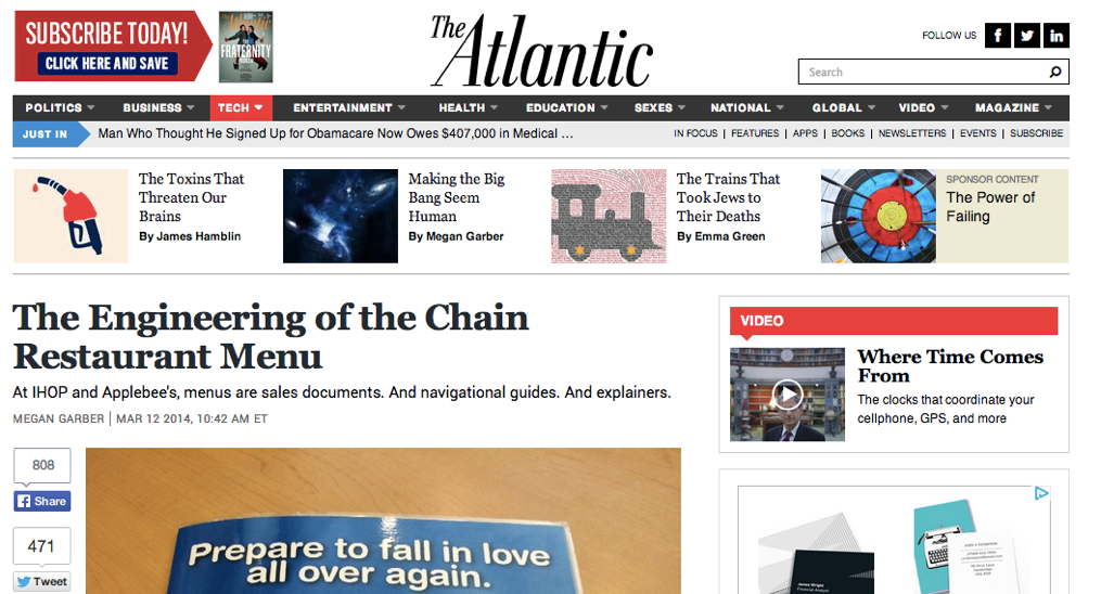 Image of The Atlantic website showing the title of an article called The Engineering of the Chain Restaurant Menu
