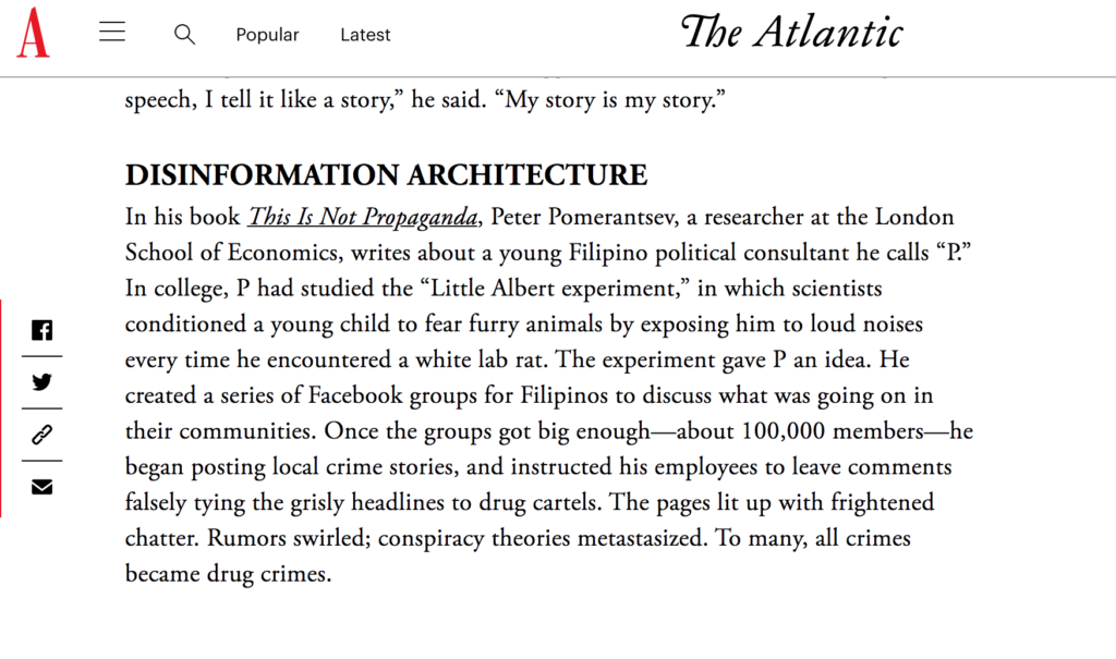 Image of an excerpt of an article from the The Atlantic, titled Disinformation Architecture.
