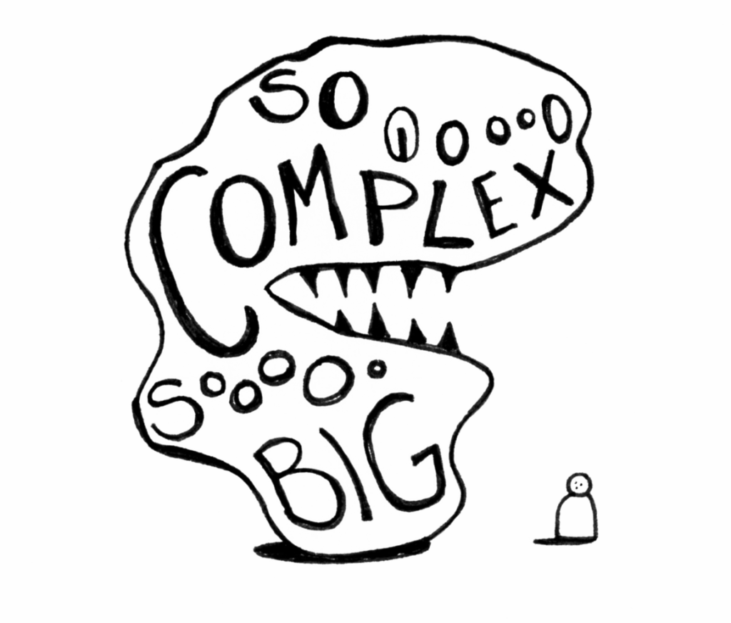 A scary mind monster looms over a scared person. The monster is hand lettered with the phrase “so complex so big”