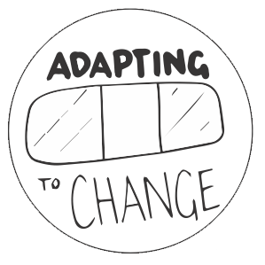 A circular badge illustration of the words adapting to change set around a band-aid
