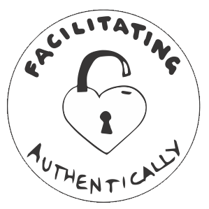 A circular badge illustration of the words facilitating authentically set around a heart shaped lock that is currently unlocked 