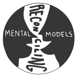 A circular badge illustration of the words reconciling mental models set amidst two profiles facing each other and therefore creating a unique shape.